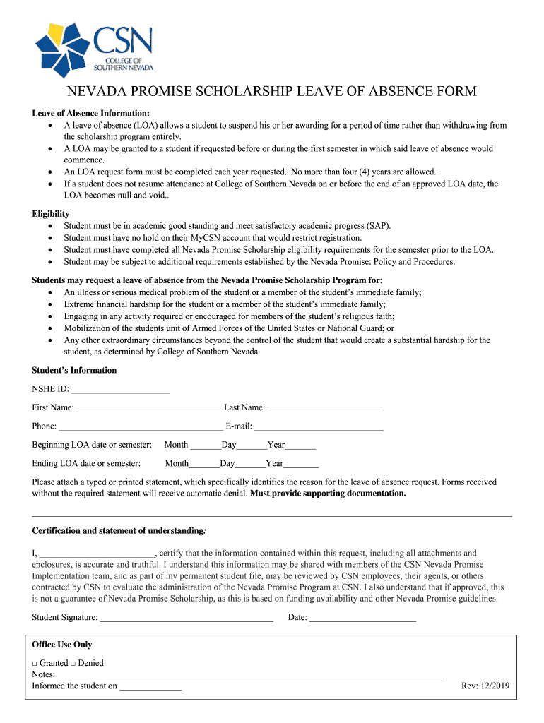 Fillable Online PDF nevada promise scholarship leave of absence form