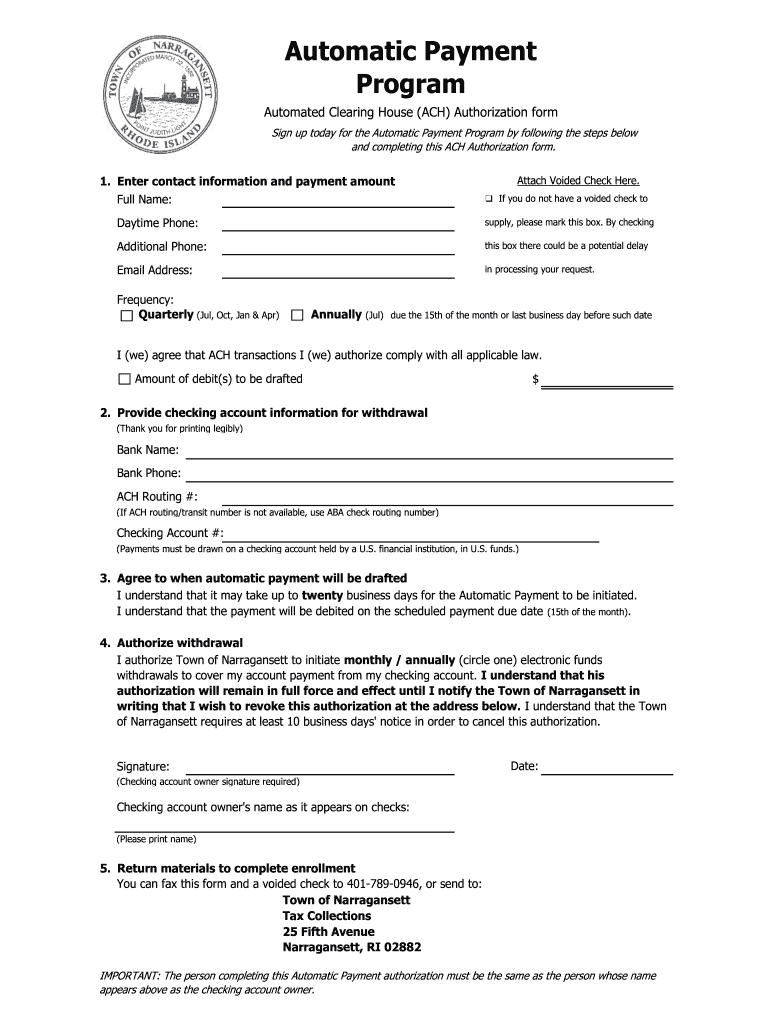 Fillable Online ACH Form Town of Narragansett Fax Email Print pdfFiller