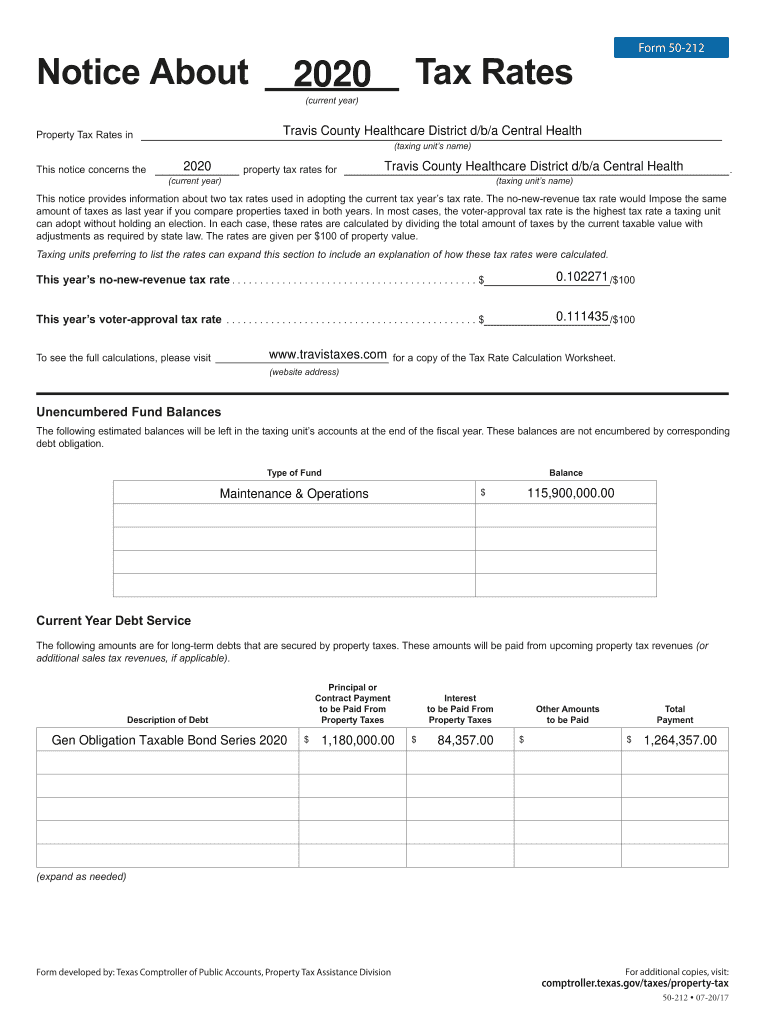 Fillable Online Notice About 2020 Tax Rates Pflugerville Fire