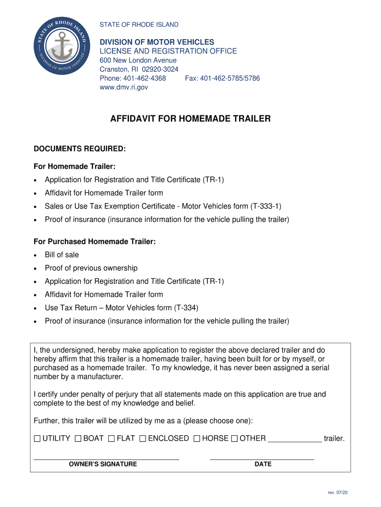 Fillable Online Affidavit for Homemade Trailer RI DMV RI.gov Fax