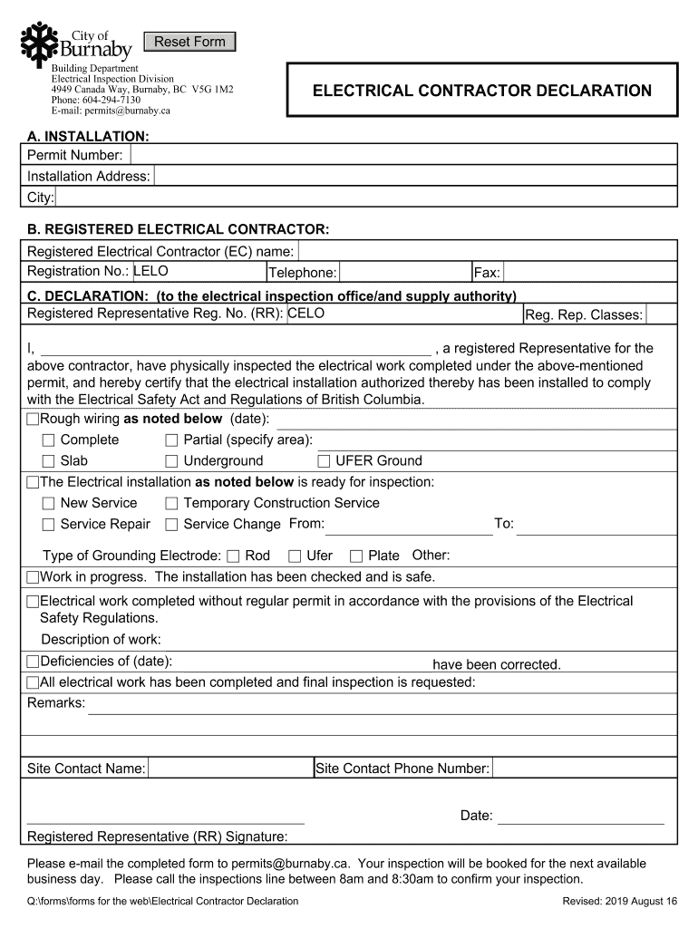 20192024 Form Canada Electrical Contractor Declaration City of