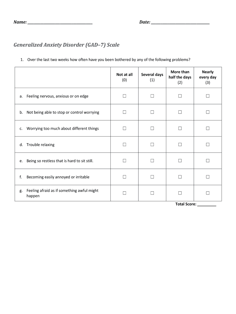 Fillable Online generalized anxiety disorder (gad–7) scale Fax Email