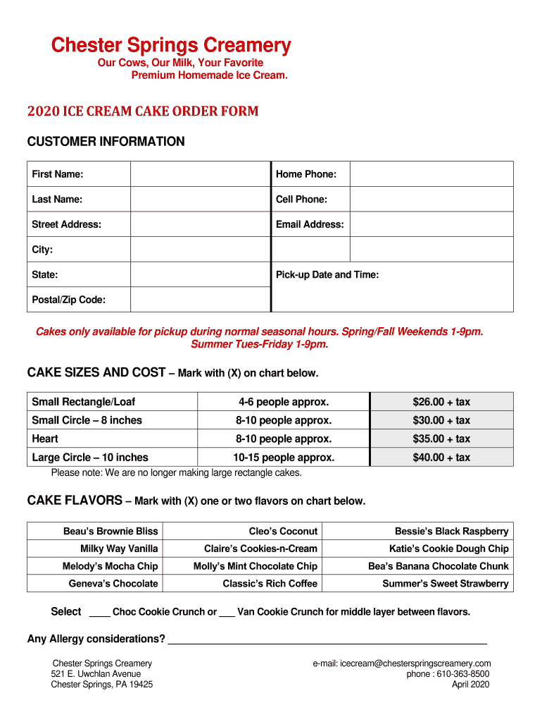 Fillable Online ICE CREAM CAKE ORDER FORM Fax Email Print pdfFiller