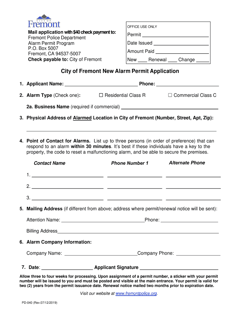 Alarm Permit Application Fremont Police Department Fill out & sign