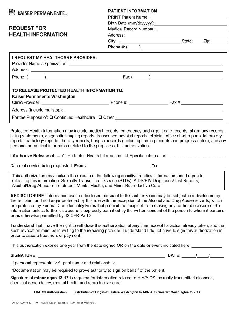 Fillable Online Request for Health Information FormKaiser Permanente Washington. Authorization