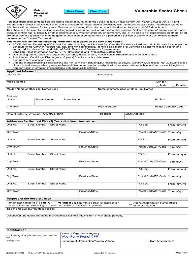 Fillable Online Vulnerable Sector Check. Vulnerable Sector Check Fax