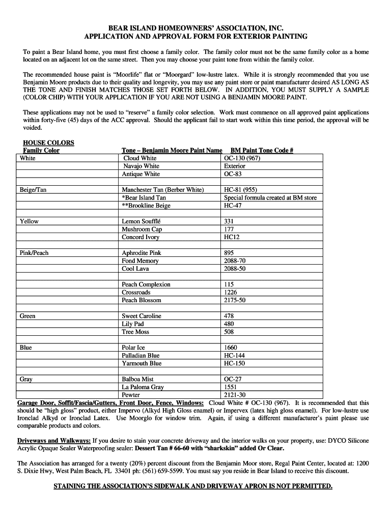 Fillable Online BEAR ISLAND HOMEOWNERS paint application 5.21.12 Fax