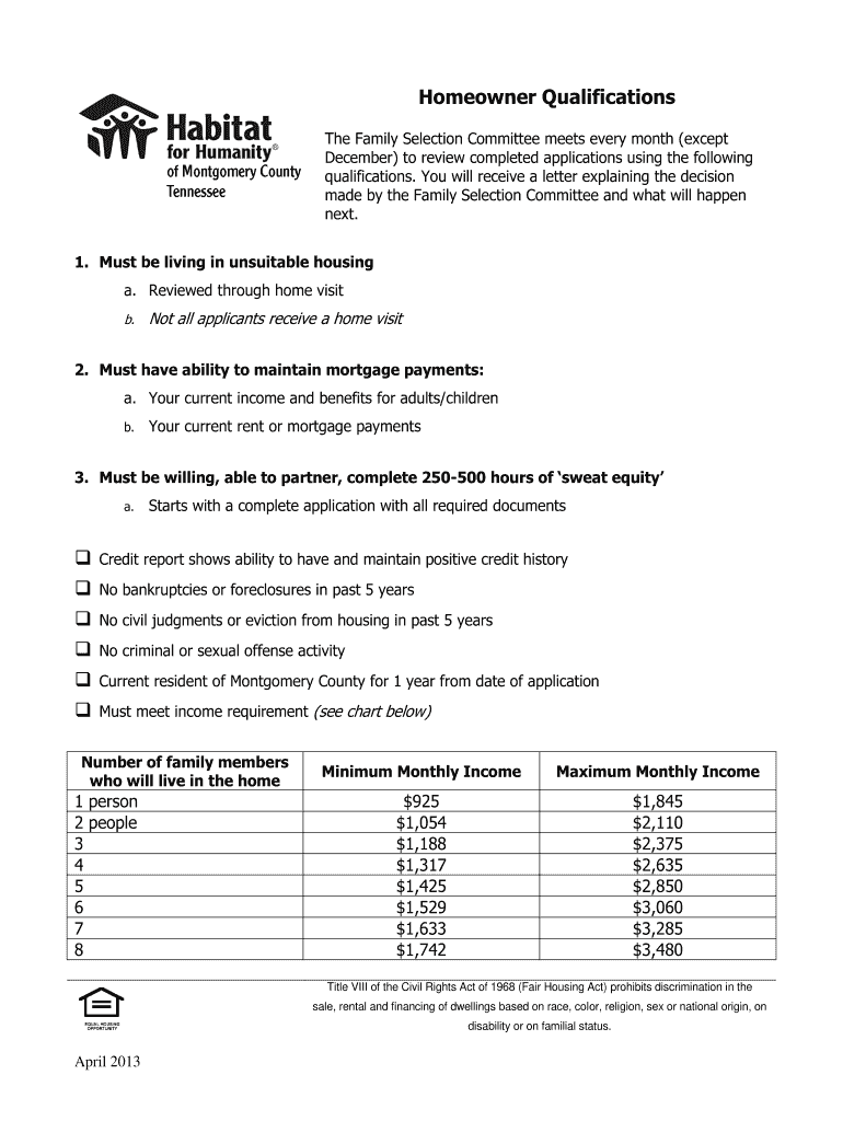 Fillable Online Homeowner Qualifications Habitat for Humanity of