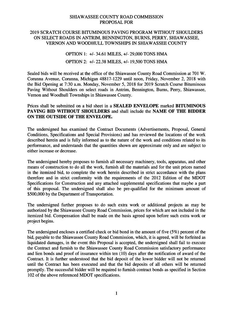 Fillable Online SHIAWASSEE COUNTY ROAD COMMISSION PROPOSAL FOR 2019
