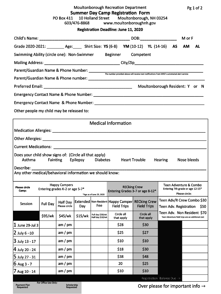Fillable Online Summer Camp Registration Form Moultonborough NH Fax
