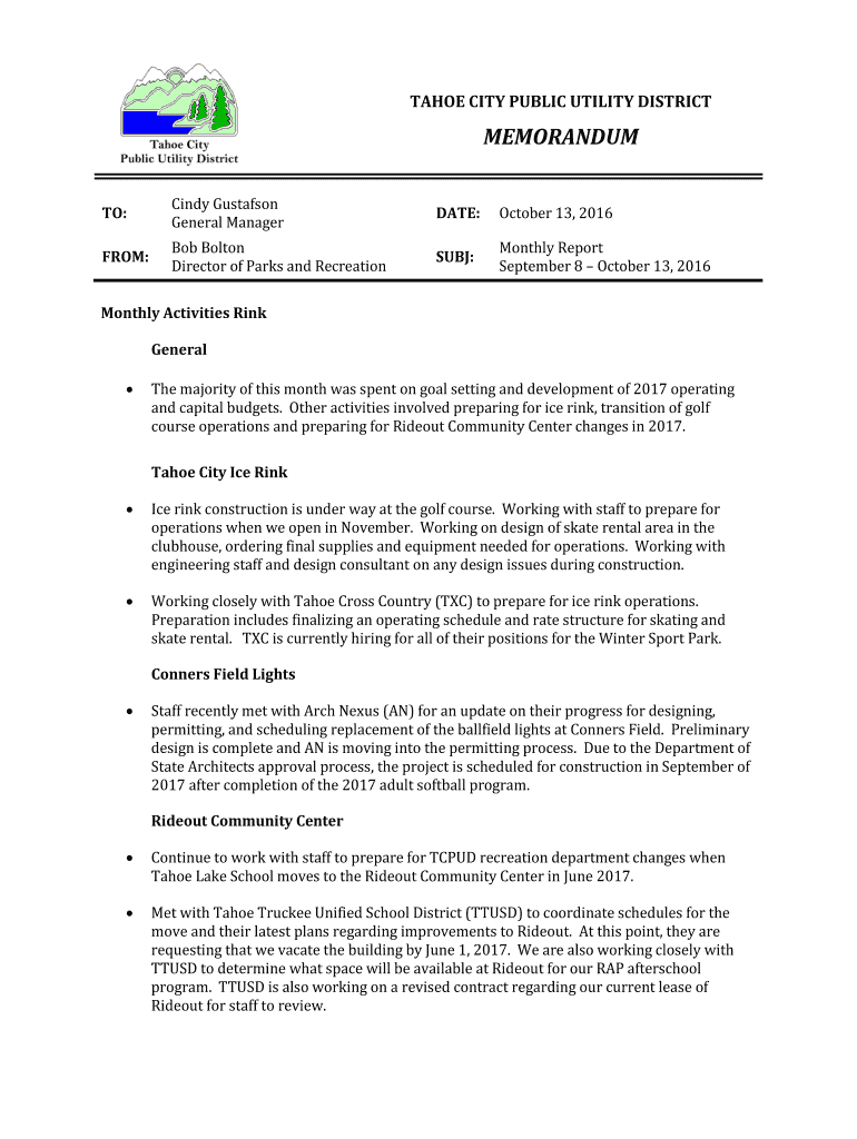 Fillable Online PDF TAHOE CITY PUBLIC UTILITY DISTRICT MEMORANDUM TO