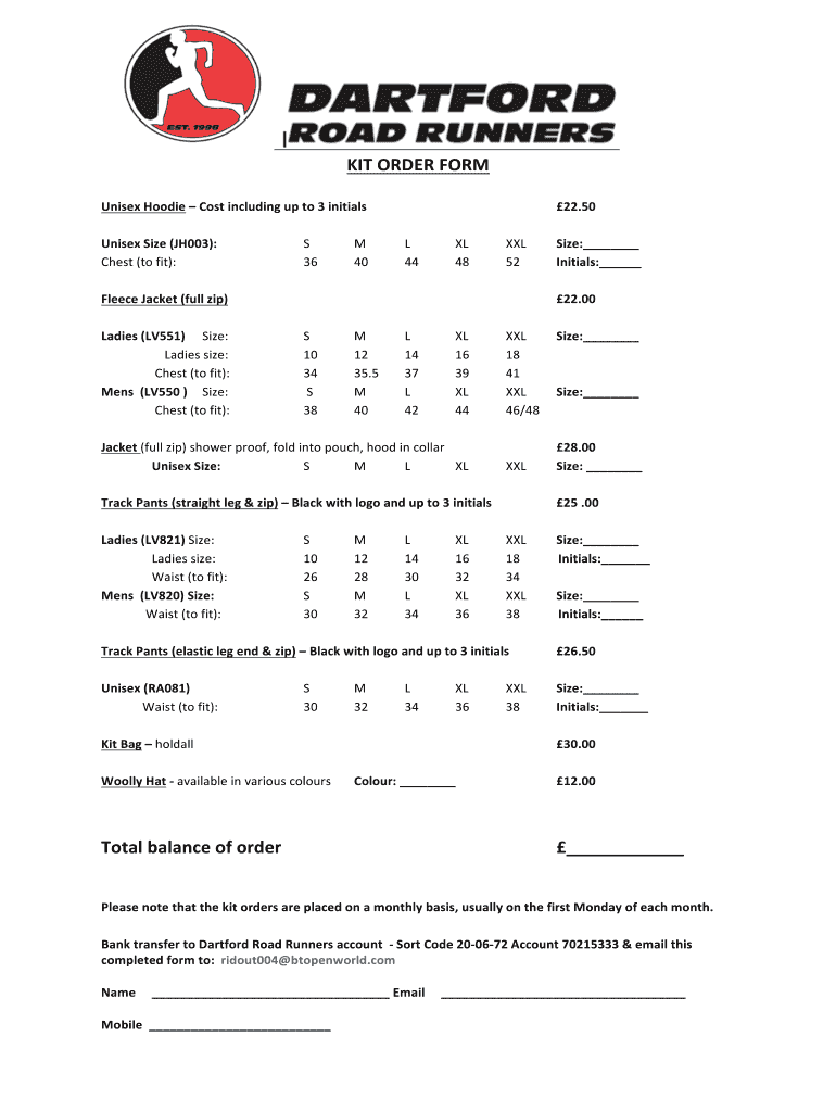 Fillable Online KIT ORDER FORM Dartford Road Runners Fax Email Print