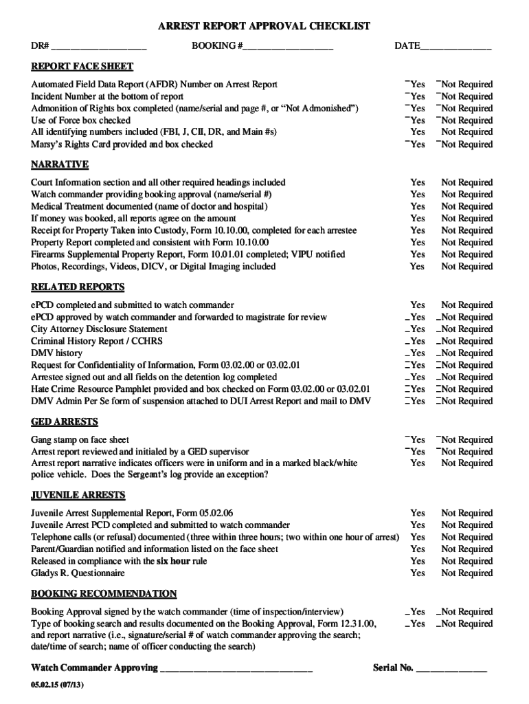 Arrest Report Approval Checklist Blank Fillable Template Fill Out