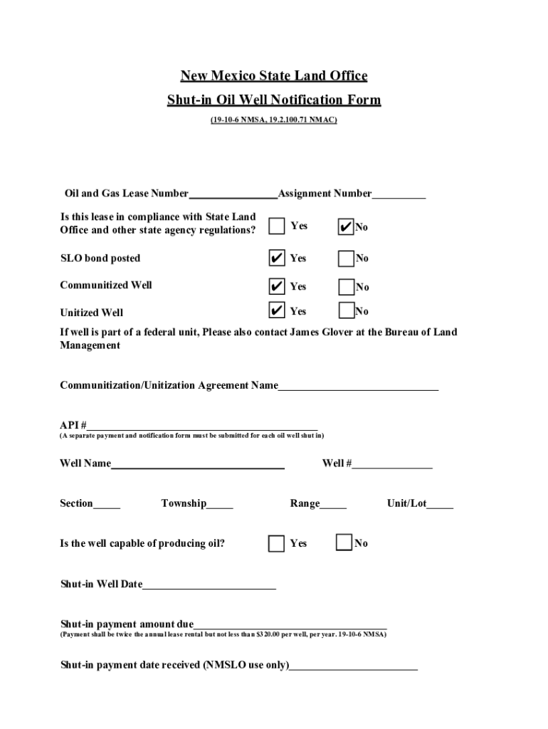 Fillable Online New Mexico State Land Office Shutin Oil Well
