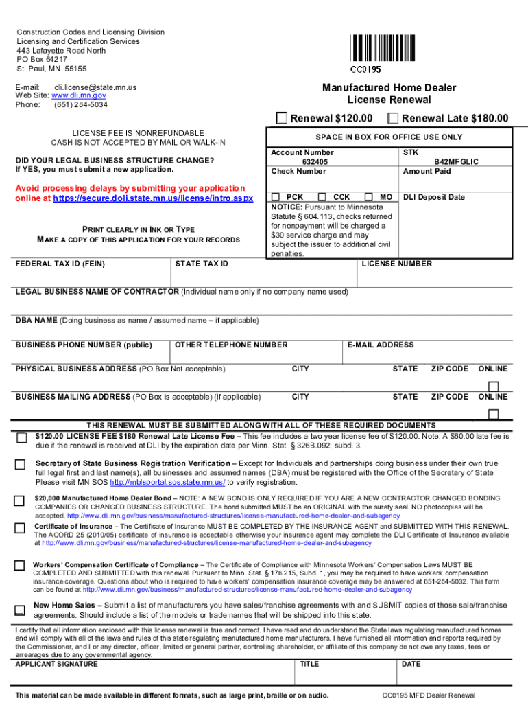 Fillable Online Manufactured Home Dealer License Renewal form Fax Email