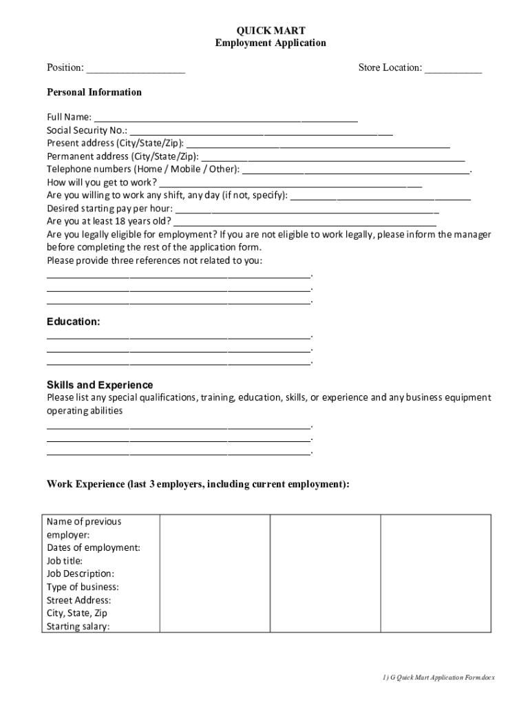 Quick Mart Job Application Form Fill Online, Printable, Fillable