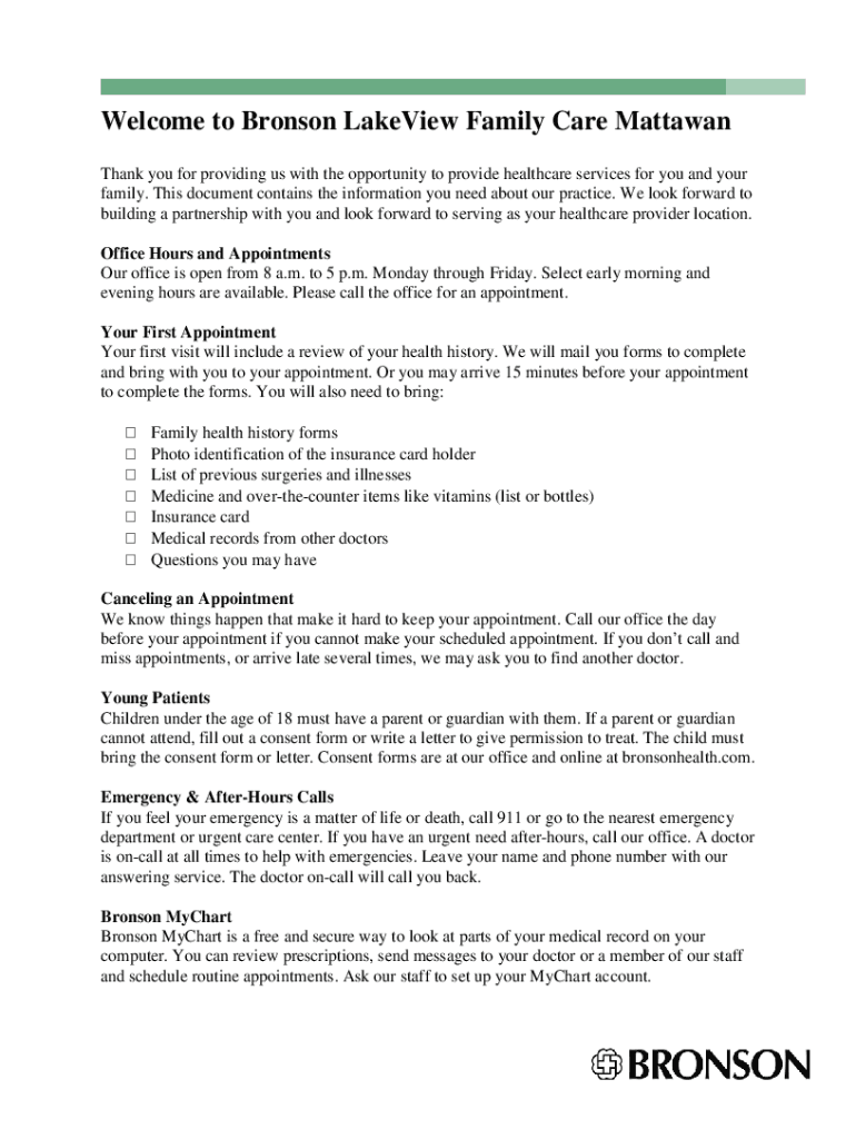 Fillable Online to Bronson LakeView Family Care Mattawan Fax