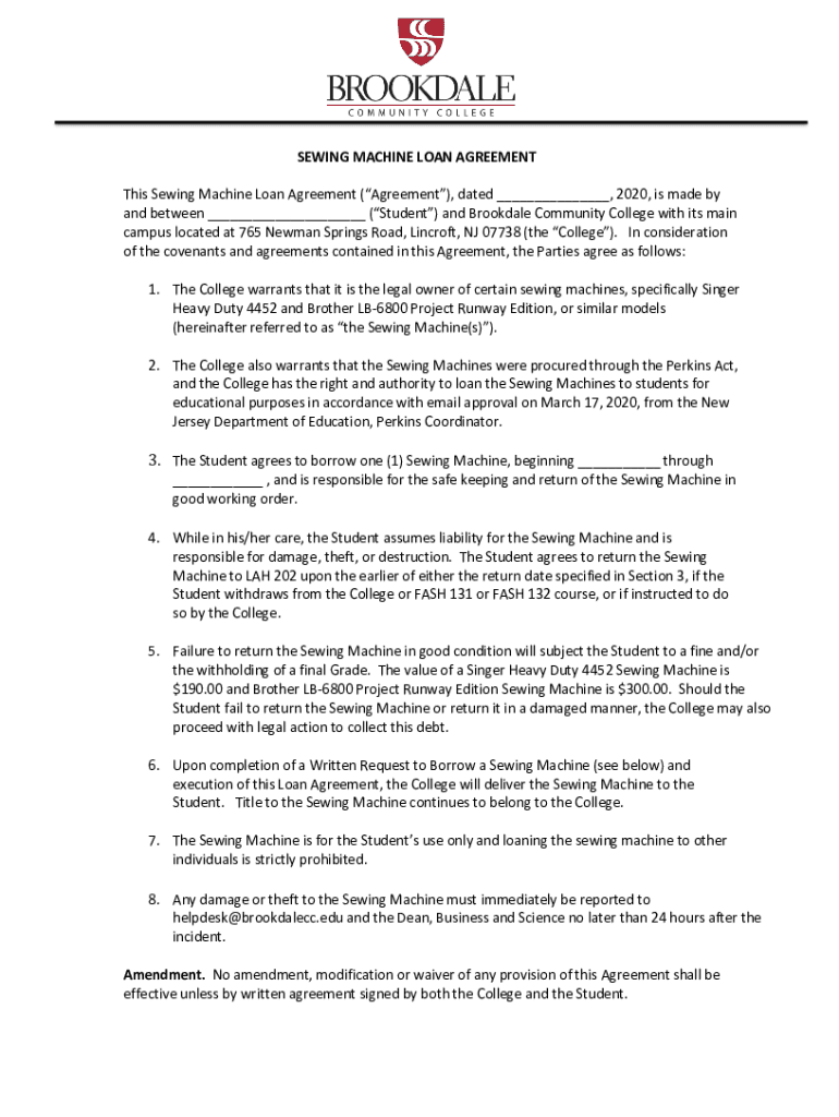 SEWING MACHINE LOAN AGREEMENT Fill and Sign Printable Template Online