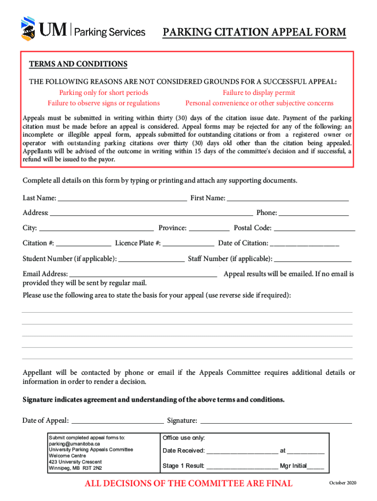 Fillable Online parking citation appeal form University of Manitoba