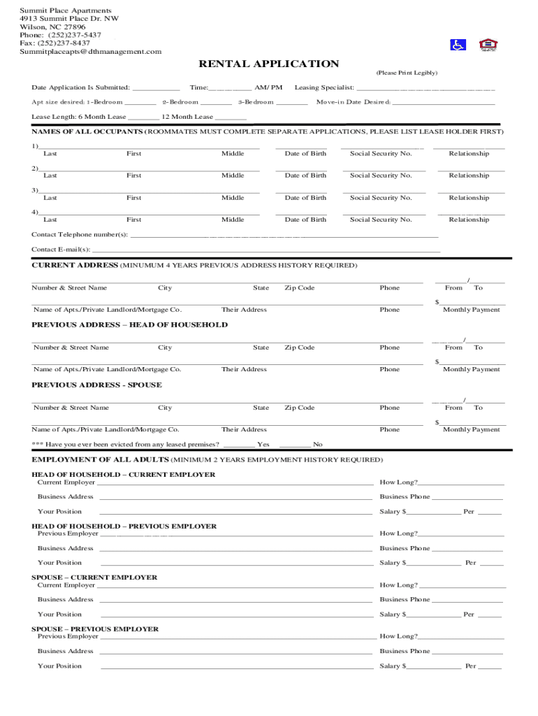 Fillable Online Summit Place Apartments Wilson, NC Fax Email Print