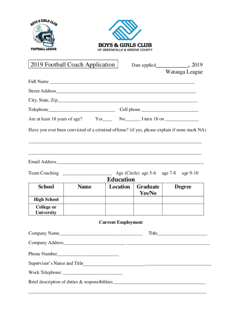 Fillable Online 2019 Football Coach Application , Watauga League Fax Email Print pdfFiller