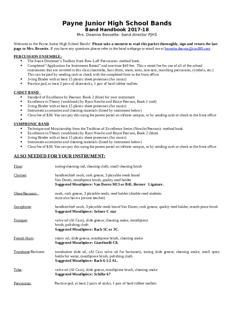 Payne Junior High School Bands Doc Template pdfFiller