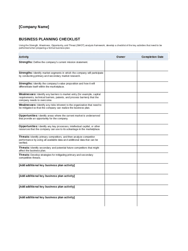 Business Planning Checklist Fill and Sign Printable Template Online
