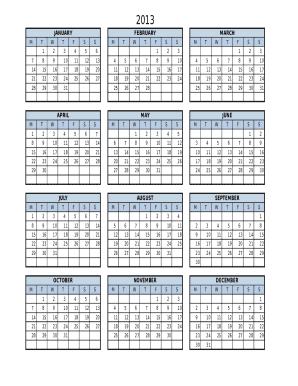 1 2013 Printable One Page Excel Yearly Calendar Template Form | pdfFiller