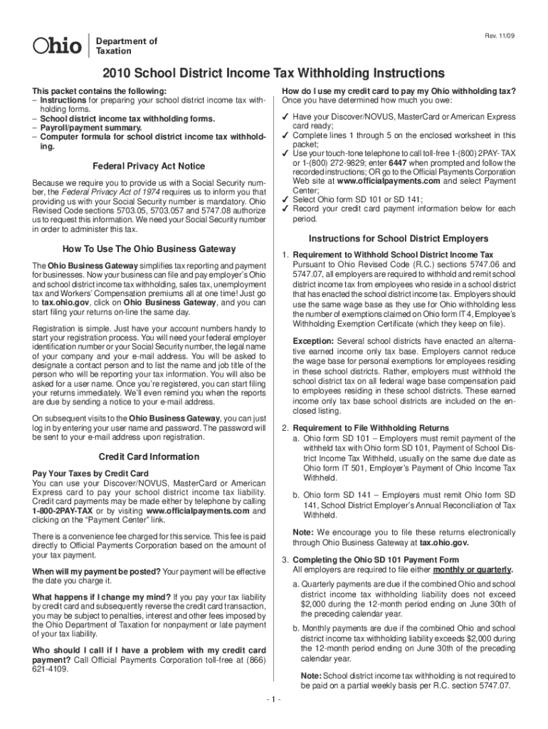 Fillable Online tax ohio 2010 School District Tax Withholding