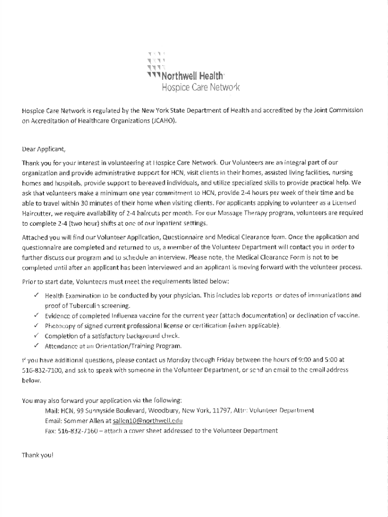 2020 Form Northwell Health Application for Volunteer Service Fill