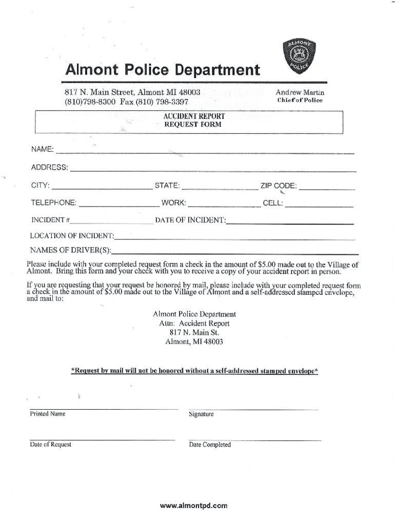 Fillable Online Almont Police Accident Request Form Village of Almont