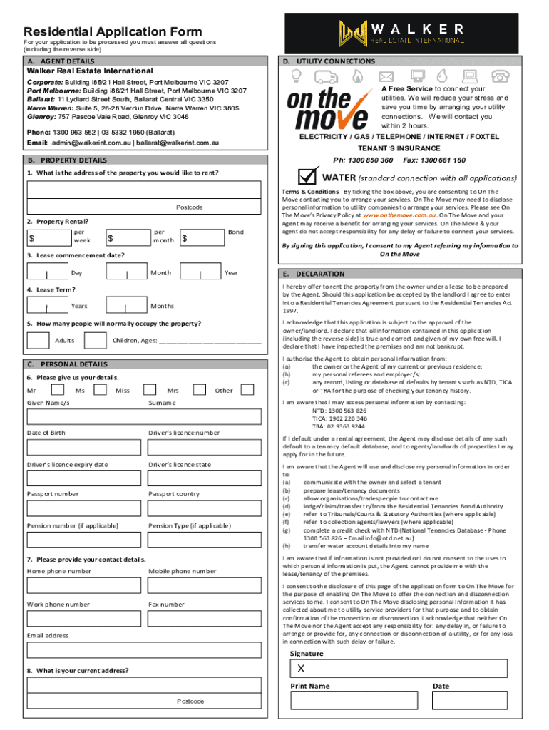 Fillable Online Residential Application Form Walker Real Estate