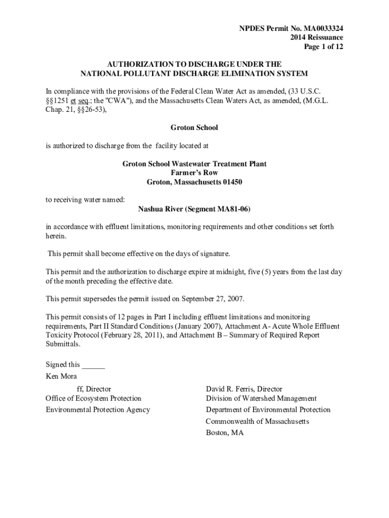 Fillable Online Groton School, Final Permit, MA0033324. This NPDES Water Permit was issued by