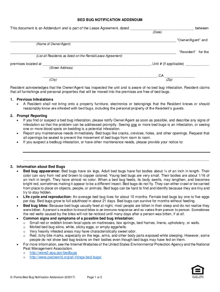 Fillable Online BED BUG NOTIFICATION ADDENDUM Fax Email Print pdfFiller