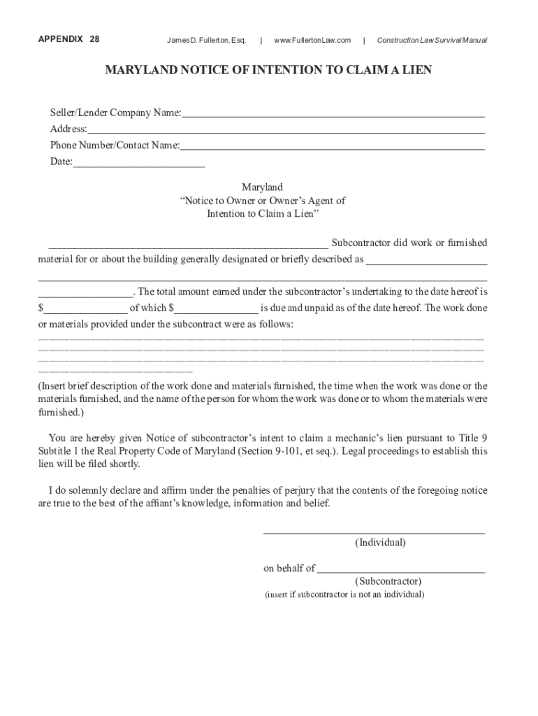 MARYLAND NOTICE OF INTENTION TO CLAIM A LIEN Fill out & sign online