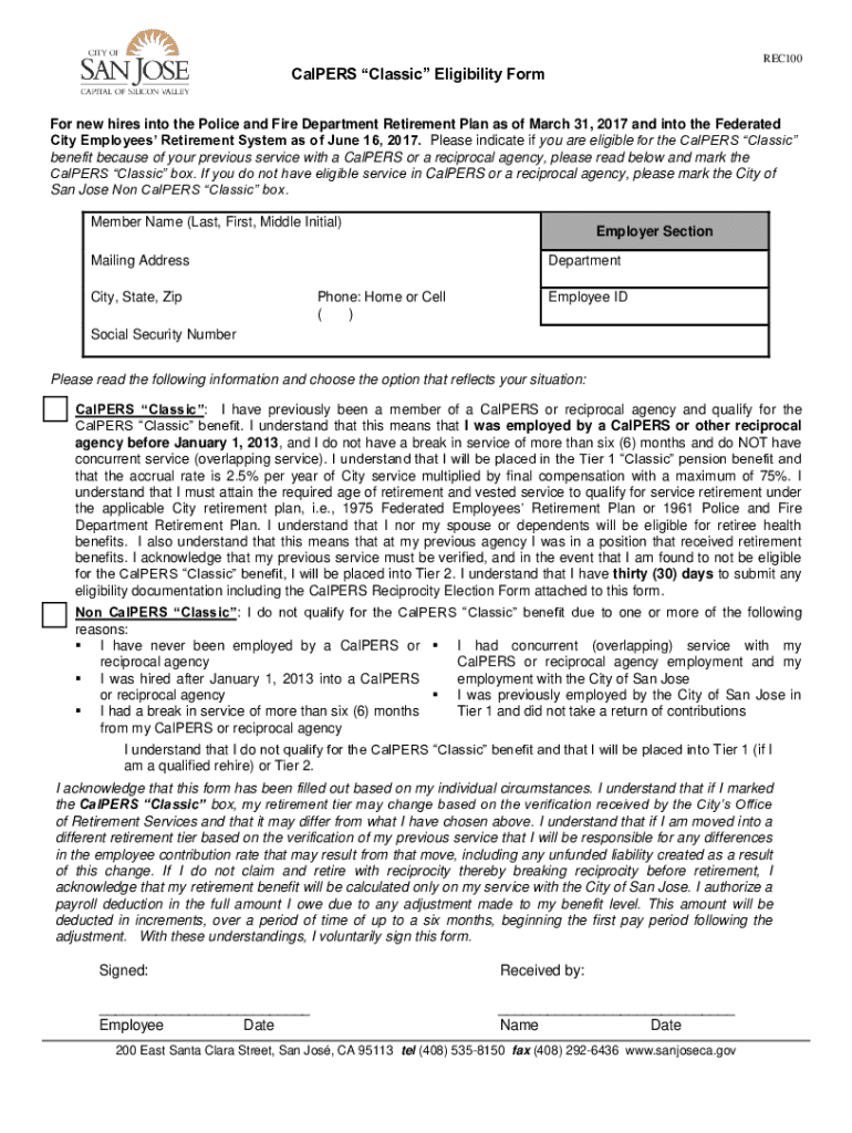 Fillable Online CalPERS Classic Eligibility Form Fax Email Print