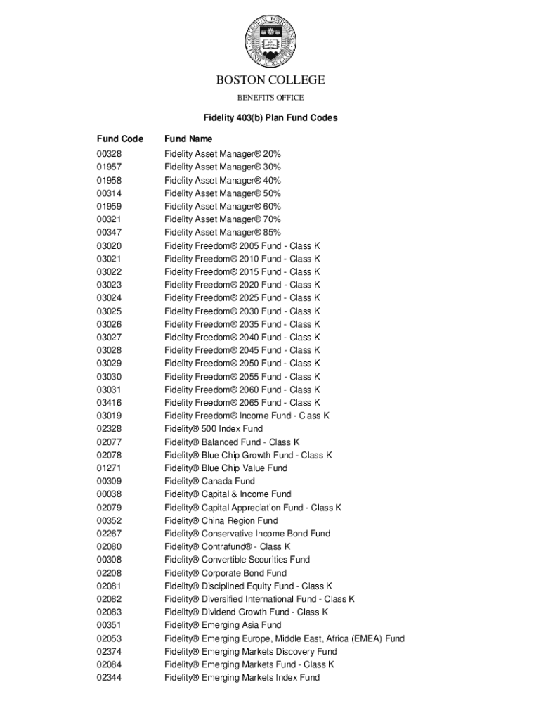 Fillable Online Fidelity 403(b) Plan Fund Codes Fax Email Print pdfFiller