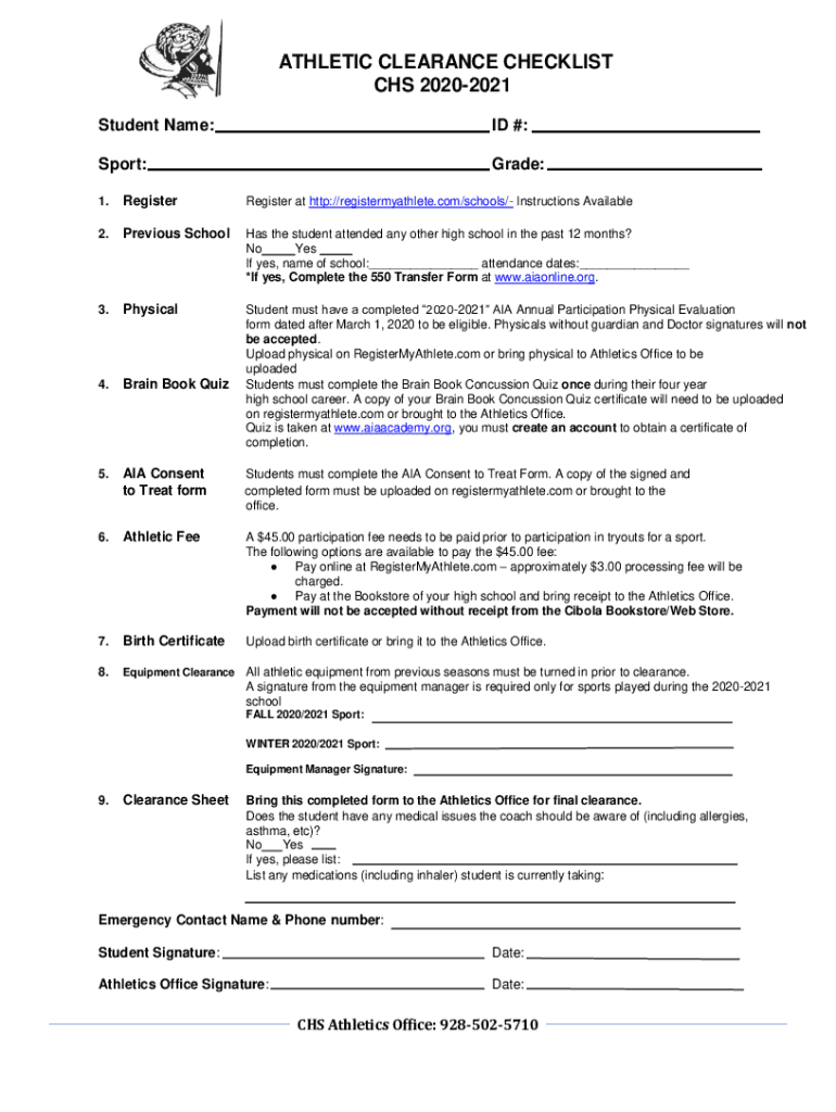 Fillable Online ATHLETIC CLEARANCE CHECKLIST Fax Email Print pdfFiller
