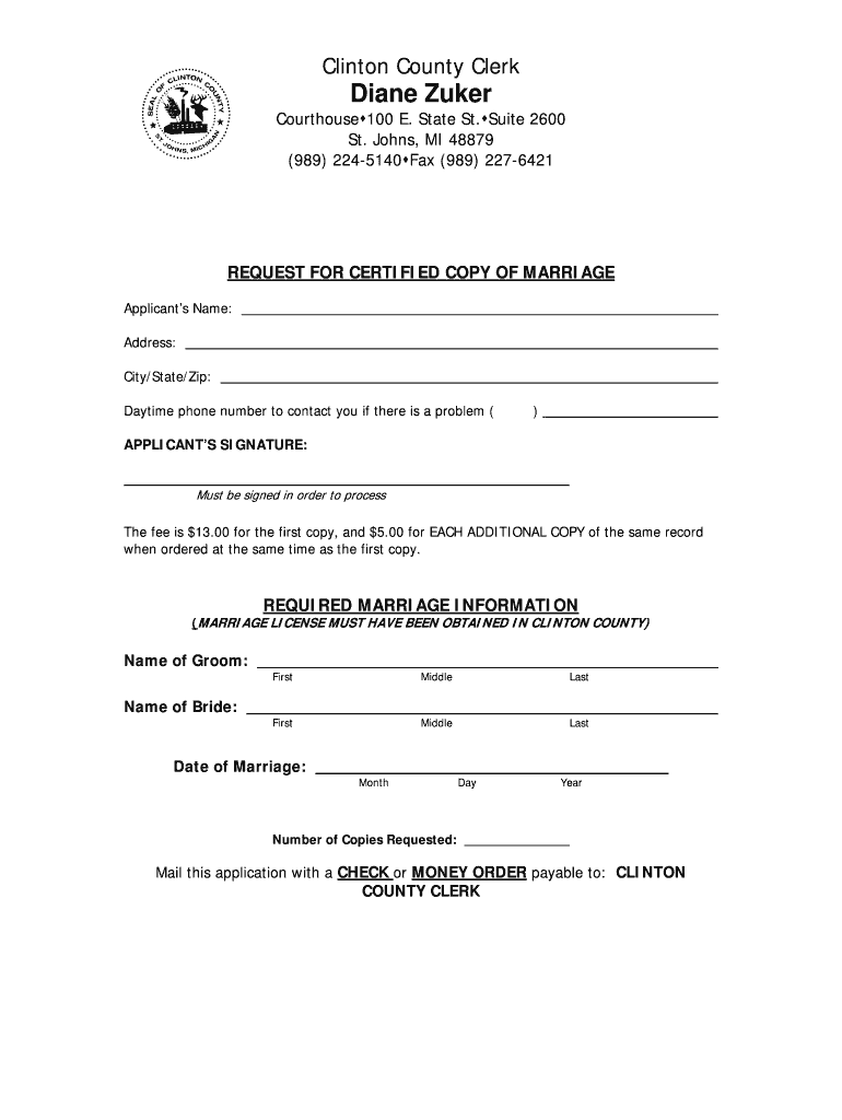 Fillable Online clintoncounty Request for Marriage Record form