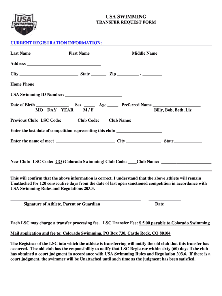 Fillable Online coloradoswimming 2014 USA Swimming Transfer Form