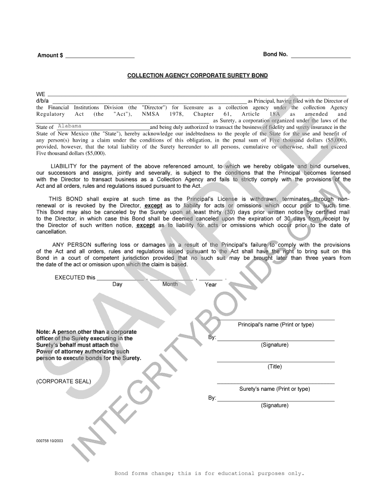 Fillable Online New Mexico Collection Agency Bond Form Surety Bond