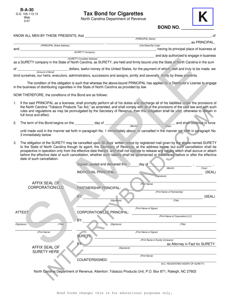 Fillable Online North Carolina Cigarette Tax Bond Form Surety Bond