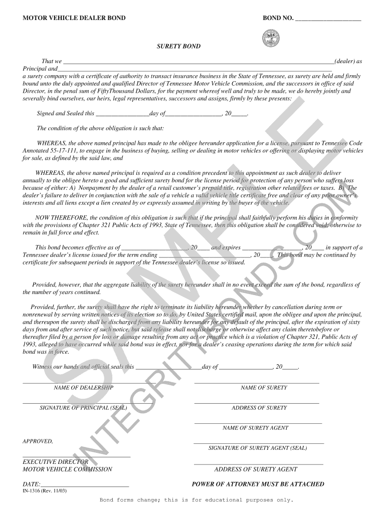 Fillable Online MOTOR VEHICLE DEALER BOND BOND NO Surety Bond Fax