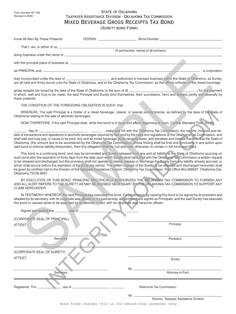 Fillable Online Oklahoma Mixed Beverage Gross Receipts Tax Bond Form