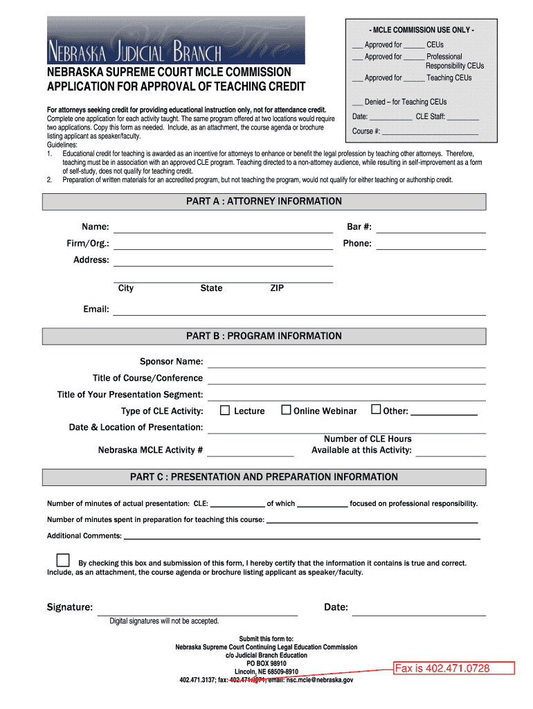 Fillable Online Nebraska supreme court mcle commission application for