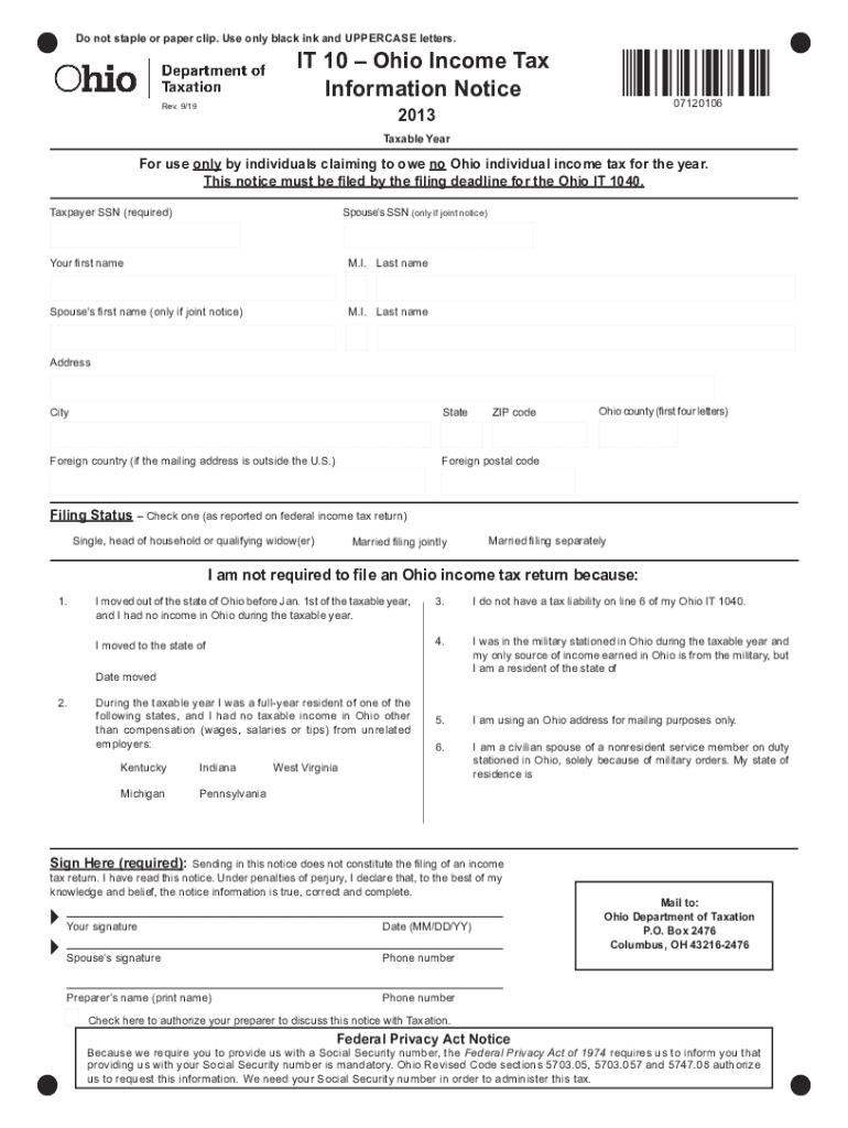 Fillable Online Ohio Form IT 10 (Ohio Tax Information Notice Fax Email Print pdfFiller