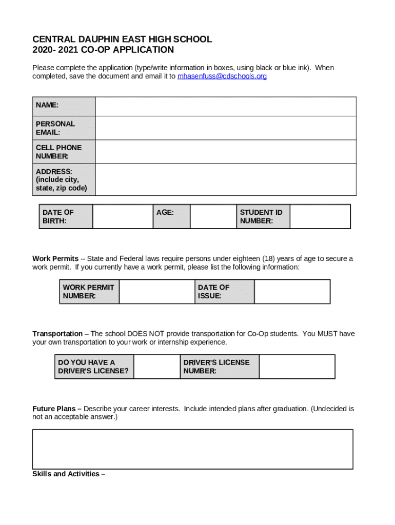 central dauphin east high school 2020 2021 coop application Doc