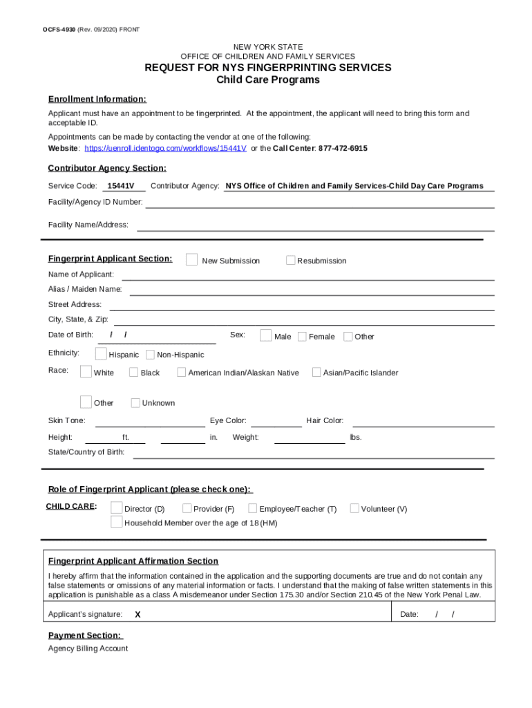 REQUEST FOR NYS FINGERPRINTING SERVICES Child ocfs ny Doc