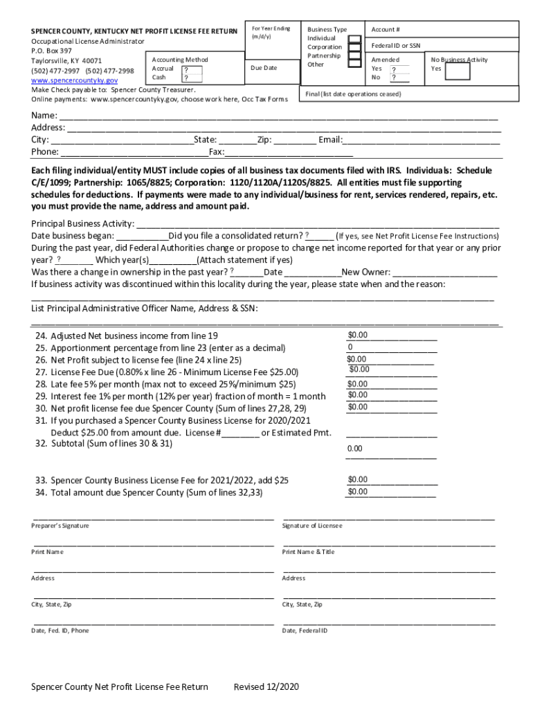 Fillable Online 2020 Tax Year Net Profit License Fee Return Fax Email