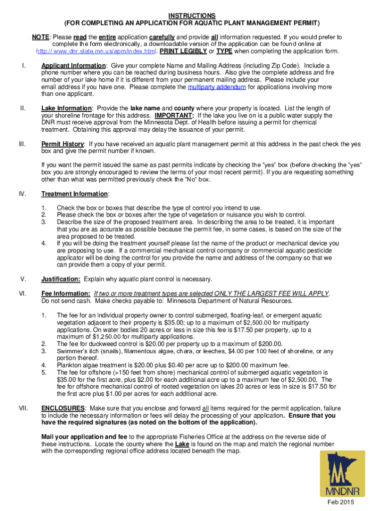 Fillable Online Application for Aquatic Plant Management Permit